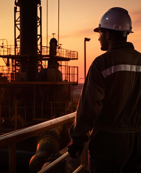 Oil and gas industry background. Oil and gas workers are working in oil field, Oil rig worker at sunset, AI Generated